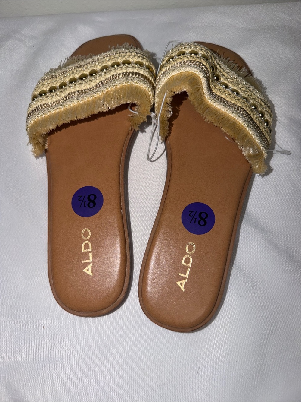 Aldo Tan Slide Sandals with Gold Beaded Fringe Strap
